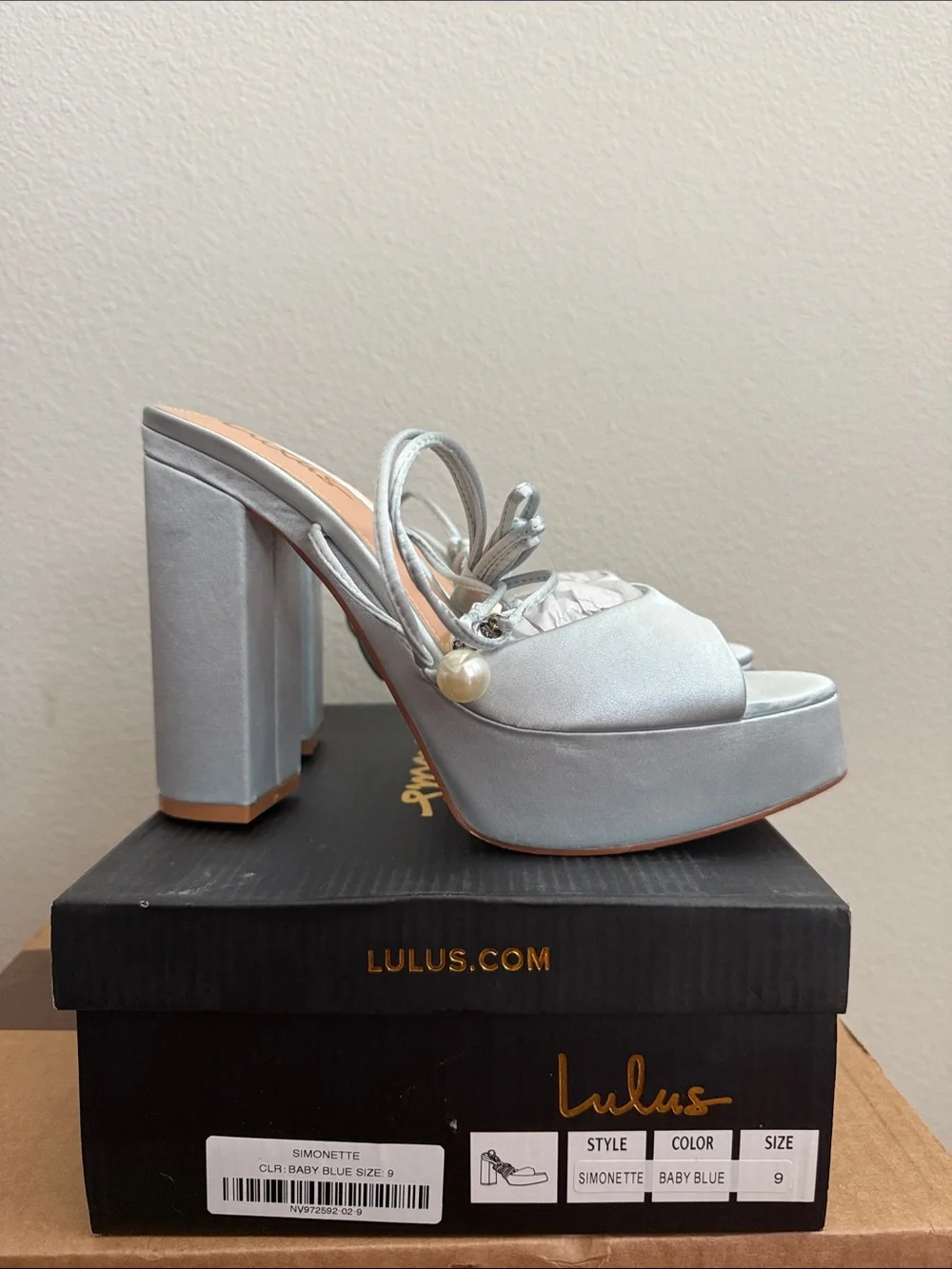 Lulu's Baby Blue Satin Platform Heeled Sandal with Pearl Accent